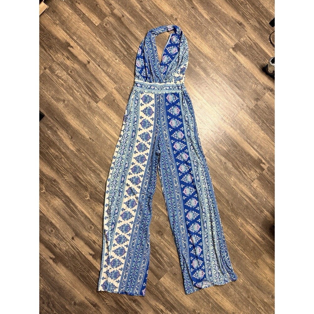 Alloy Paisley Blue White Wide Leg Boho Jumpsuit Sz S Hippie Vacation Has Pockets